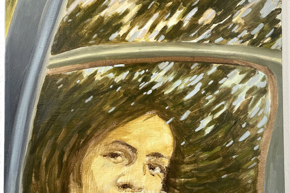 A painting by Jesus Treviño of a woman peering through a window. The image is painted in brown tones and the window appears to have a distorted reflection of a tree.