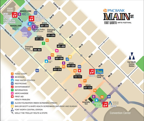 A designed graphic that illustrates the location of food vendors, artist booths, stages, first aid, information, and restrooms at the Main Street Fort Worth Arts Festival.
