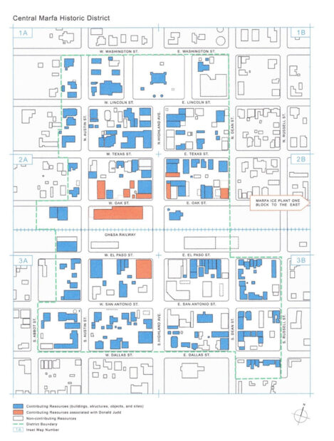 A map of the recommended Central Marfa Historic District. The map shows the border of the area and indicates the nine buildings that are associated with Donald Judd.