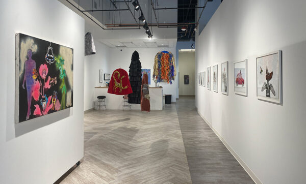 A photograph of the Bale Creek Allen Gallery. The image shows two white walls facing each other, each with artworks hung on them. Between the walls and further back in the space are a handful of capes hanging from the ceiling.