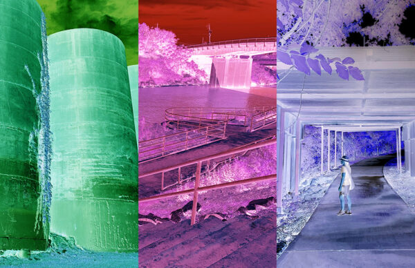 A designed image that combines three distinct images. The image on the left is of a large gravel silo and the image is tinted green. The image in the middle is of a plaza near a waterway and the image is tinted fuchsia. The image on the right is of a person standing under a freeway overpass and the image is tinted purple.