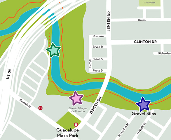 A map of the locations for the "Night Light," video exhibition at Buffalo Bayou East trails. The map has three green stars that identify the Gravel Silos, Guadalupe Plaza Park, and a freeway overpass along the trails.