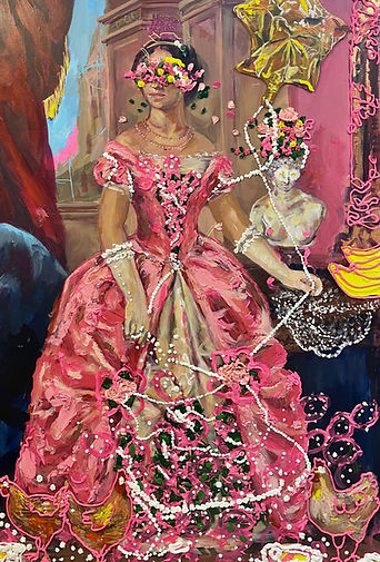 A painting of a woman in a pink dress, holding a mylar balloon.