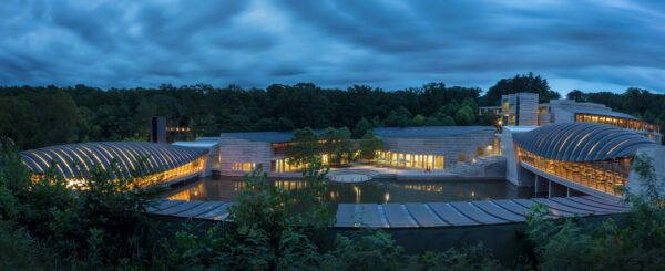 An aerial photograph of multiple buildings on the Crystal Bridges campus in Arkansas.