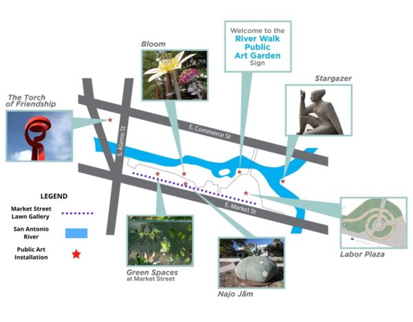 A map of the San Antonio River Walk Public Art Garden. The map identifies locations of sculptures along the River Walk and situated between South Alamo, Bowie, East Commerce, and East Market Streets.