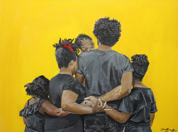 A painting of a five member family holding hands in a bundle behind their father's back against a yellow backdrop