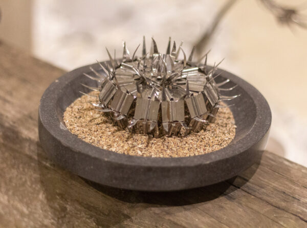Un pequeño cactus achatado es recreado usando púas y cuchillas de concertina. La escultura del cactus metálico descansa dentro de un tazón de piedra.