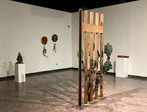 Installation image of an exhibition with work on pedestals, two round works on a wall, and a faux border wall fragment with cacti growing along it