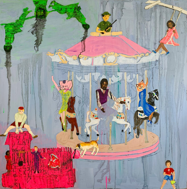 A painting by Shelli Tollman featuring a carousel ride. The painting depicts images of children playing but also features a white solider holding a gun perched atop the carousel.