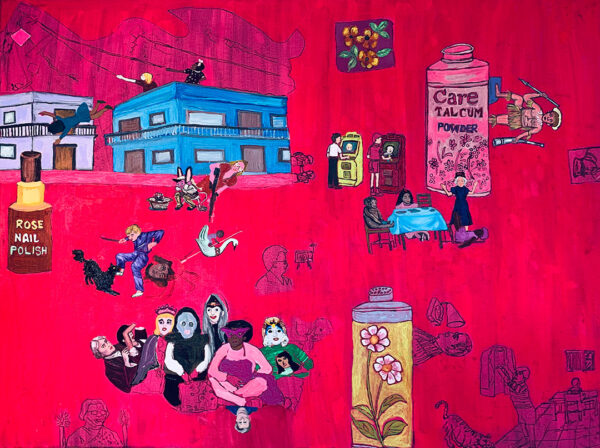 A painting by Shelli Tollman featuring scenes of children playing at an arcade and people seated for a meal as well as over-sized items such as rose nail polish and talcum powder.