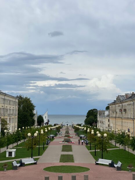 View of the center of Sillamae, Estonia with a promenade that ends in the Narva River and the Gulf of Finland.