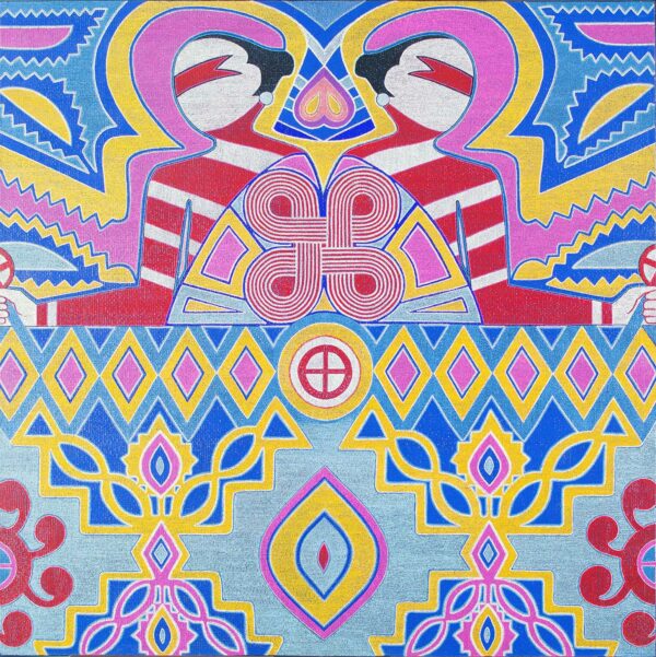 Colorful acrylic and plaster painting of two women connected by a red knot on top, and colorful geometric shapes on the bottom