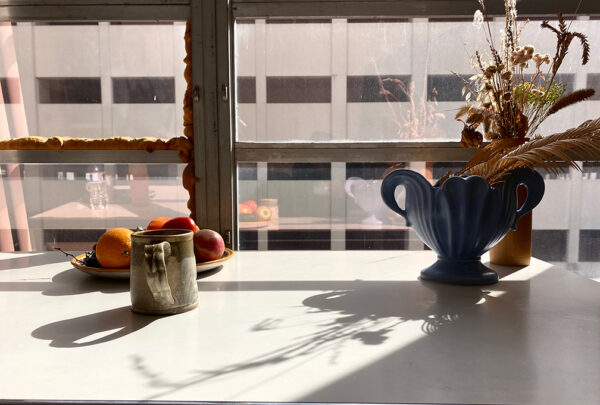 A photograph of still life items sitting on a table top. Harsh light comes in through the window casting long shadows.