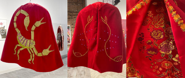 A composite image of the back, front, and interior of a red cape created by Krissy Teegerstrom.