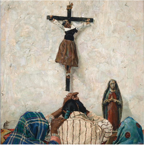 Painting of parishioners praying at a cross