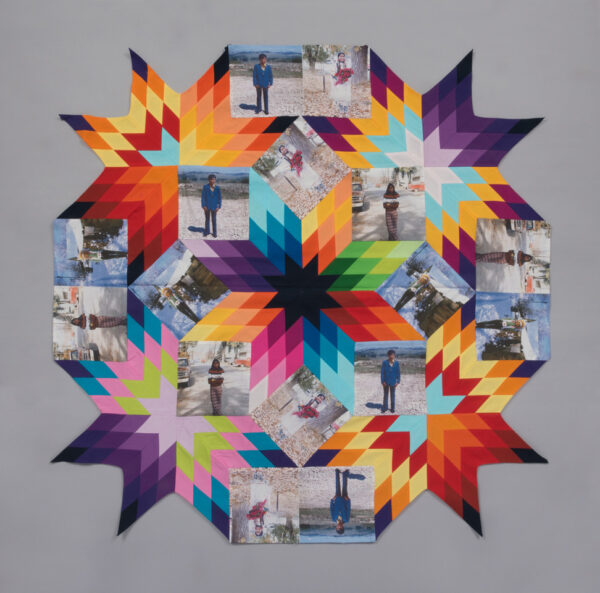 Colorful quilt with family portraits
