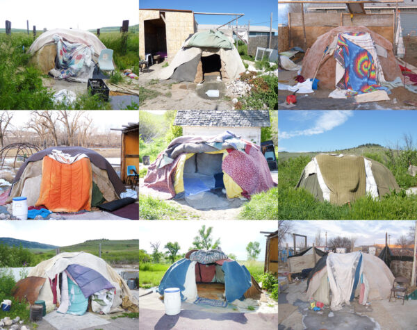 nine images of store-bought, blanket covered sweat lodges
