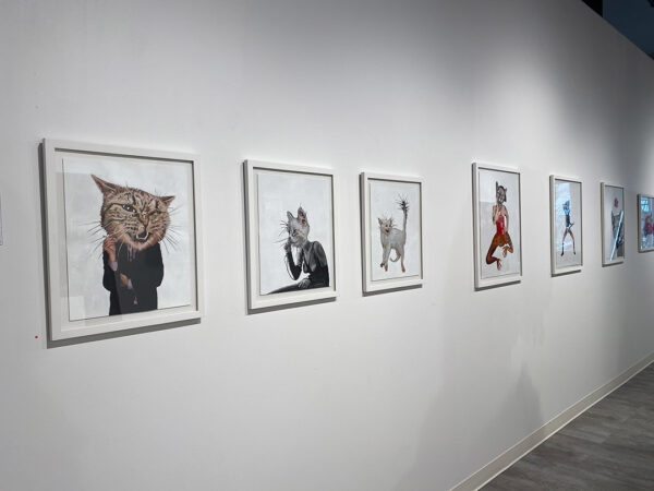 A photograph of six paintings by Yuliya Lanina hanging on a gallery wall. Each painting is of a cat-human hybrid figure.