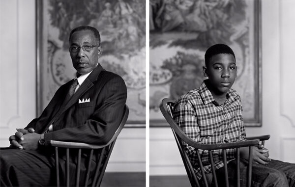 Two black and white photographic portraits by Dawoud Bey. On the left sits an older Black man dressed in a suit and looking solemnly at the camera. On the right is a young Black boy who seems timid as he sits in a chair and looks straight at the camera.
