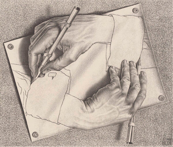 A lithograph by M.C. Esher. The image depicts two realistic hands emerging from a drawing in which they are each drawing each other's shirt cuffs. 