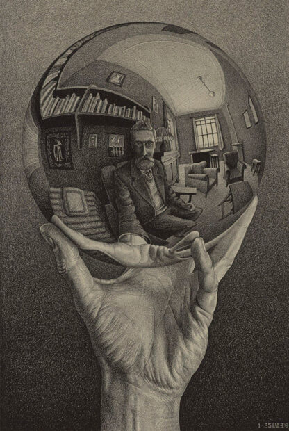 A lithograph by M.C. Esher. The artwork depicts a hand holding a mirrored ball which reveals a self-portrait of the artist in his home. 