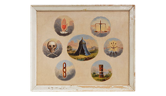 A painting by an unknown artist that depicts symbols related to the Odd Fellows. There is one large circle in the center depicting a tent and around that are six smaller circles. The smaller circles contain the following items: a balance scale, a bow with three arrows, a bundle of sticks, a linked chain, a skull with two swords, and a hand holding a red heart.