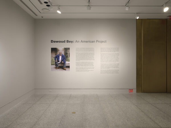 Installation image of the title wall for the Dawoud Bey exhibition at the MFA Houston
