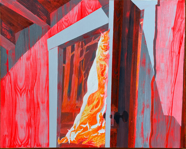 A painting by Jason Willome of a raging fire visible through an open door of a home. A majority of the work is painted with a red overtone including the trees outside and the wood walls and ceiling of the home. 