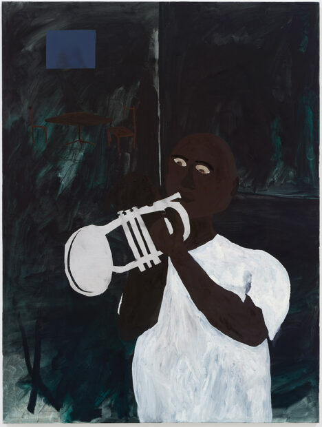 A painting by Marcus Leslie Singleton of a stylized Black man wearing a white shirt and playing a trumpet. He stands in a dark room and in the distance a table with two chairs can be seen.