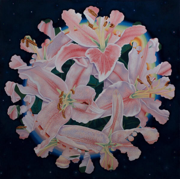 A painting by Benito Huerta of oversized pink lilies placed together to create a circle in the middle of the canvas. The lilies are set against a dark sky with scattered distant stars and a rainbow forms a circle behind the flowers.