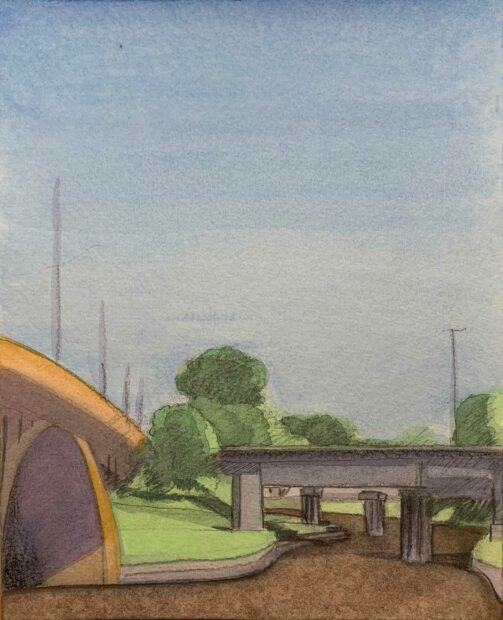 A painting featuring a landscape view of a bayou, greenery, and a highway overpass.