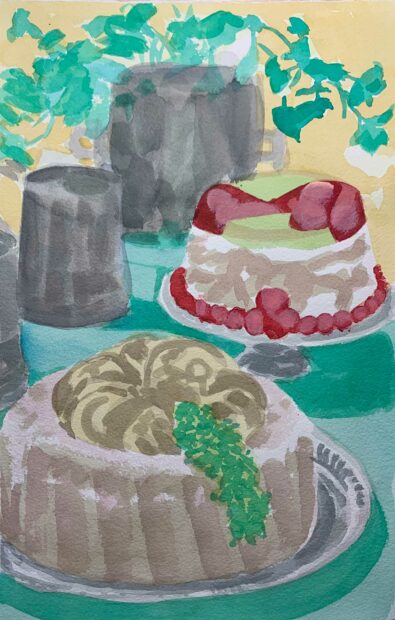 A painting of various foods (they look like cakes) on a table.