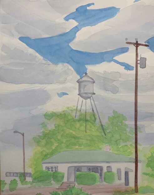 A painting of a house. Behind the house we see a water tower and a bright sky with many clouds.