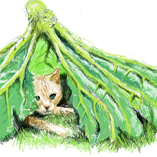A digital painting by artist Tom Moody of a light tan colored cat peering out from beneath a large green leaf.