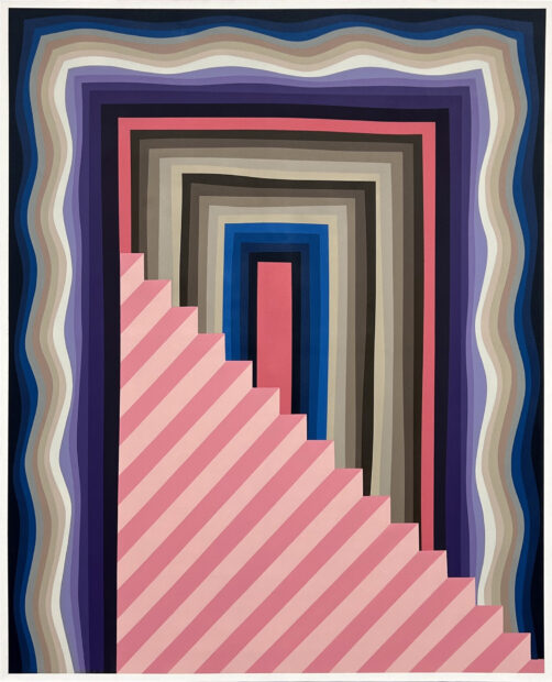 A painting by Christopher Cascio. The work depicts concentric rectangles whose perimeters begin to waver as they the rectangles get further from the center. A zig zag of pink stairs cuts across the image diagonally. 