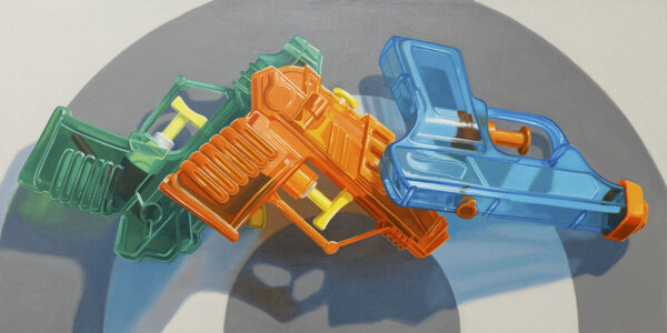Painting of toy water guns on a gray target