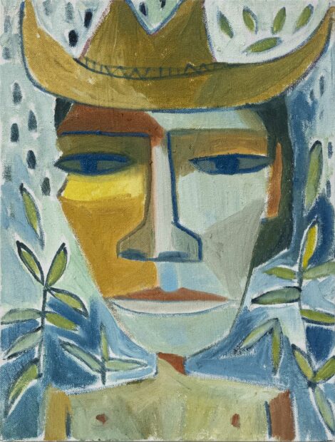 An angular painting of a man. He is wearing a hat and is shirtless.