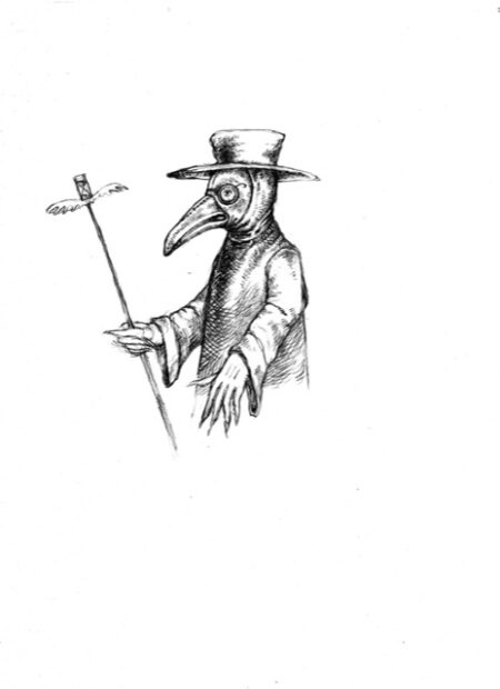 Graphite drawing of a bird with human features, wearing a hat and holding a staff