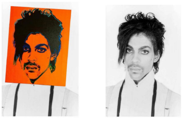 A black and white photograph of the singer Prince, on the right. On the left, the photo is overlaid with a portrait of the singer by Andy Warhol.
