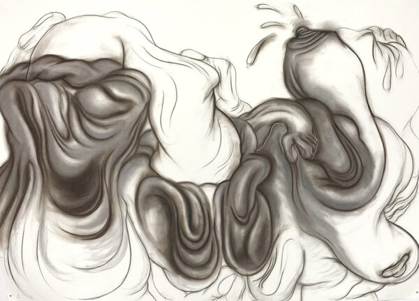 A charcoal work by artist Madeline Hernandez filled with wrinkled organic forms.