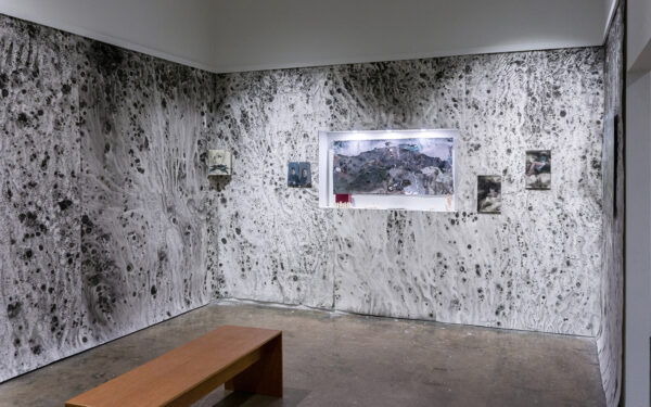 Installation view of blue and gray spotted wallpaper and drawings in a niche
