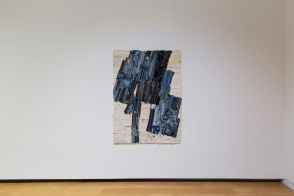 Shapes of various colors of denim on a canvas