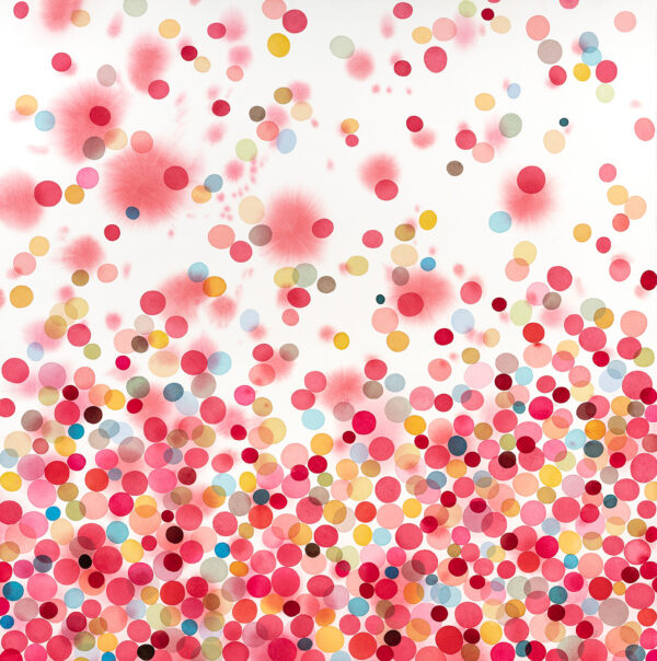 A watercolor painting by Jan Heaton. The pieces features many red and pink dots, in a dense group at the bottom, that becomes less dense at the top.