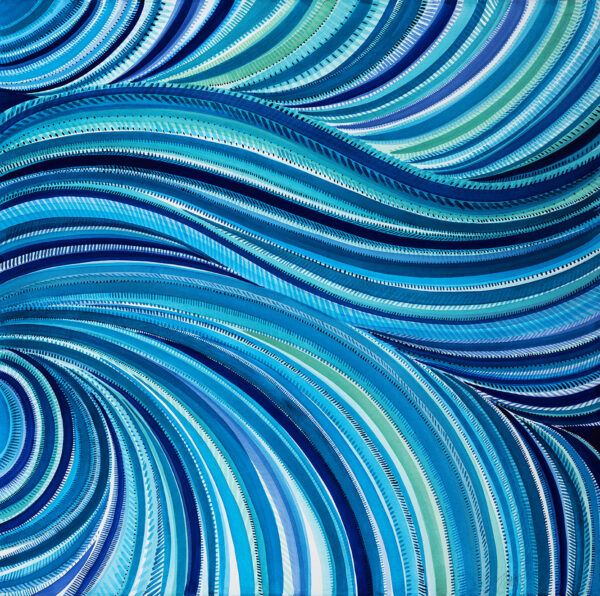 A watercolor painting by Jan Heaton. The piece features undulating, rhythmic, blue lines that swirl like water.