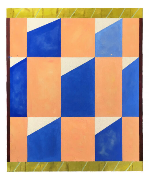 An abstract painting featuring blue and orange trapezoids.