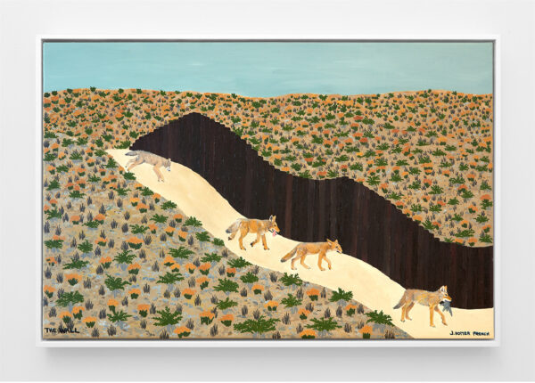 An oil painting by Jessie Homer French of wolves walking along the border wall between the United States and Mexico. The painting depicts a vast barren desert.