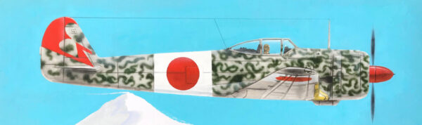A painting of a war plane. It is camouflaged and displays the Japanese flag.