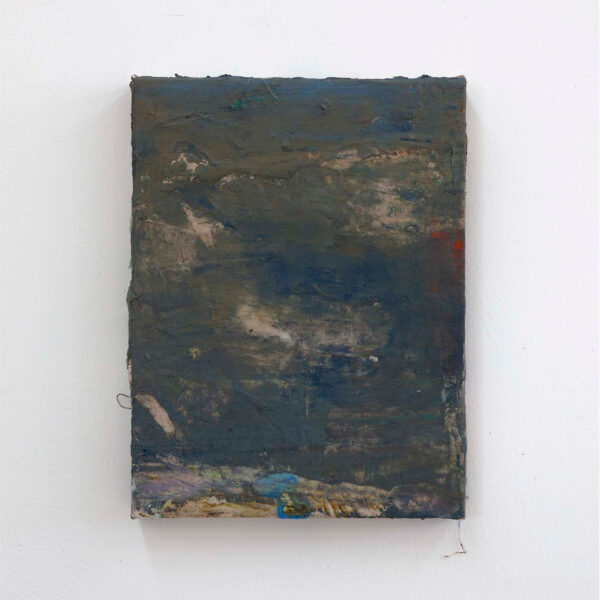 An abstract painting. The work is mostly gray, but other colors slightly come throuhg.