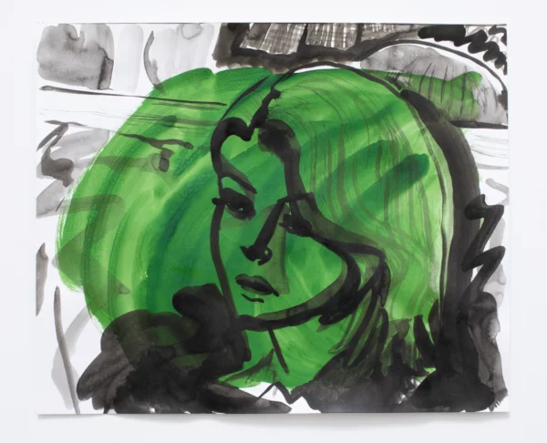 An acrylic painting on paper by Keer Tanchak that features a simplified depiction of a woman. A large wash of green paint fills in her face, hair, and some of the background of the work.
