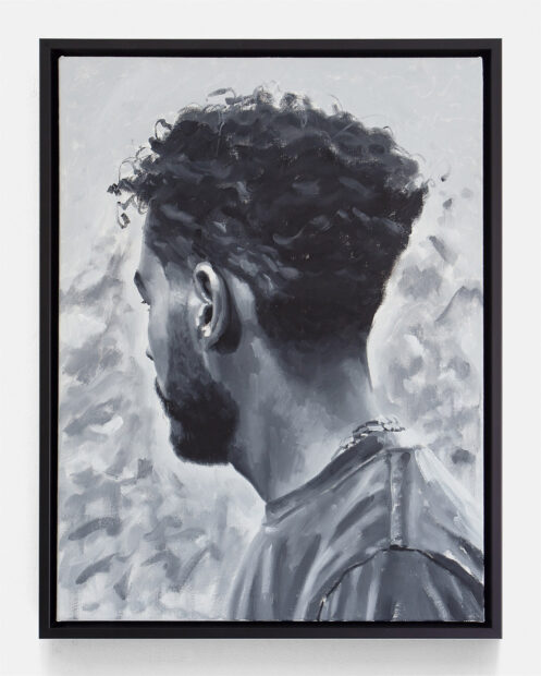 A self-portrait by Kohshin Finley that depicts mostly the back of the artist's head. He looks away revealing just a glimpse of his face while his ear, beard, hair, and neck become the main subject of the painting.